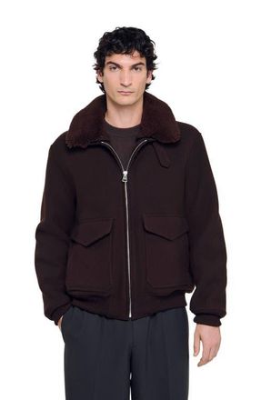Sandro Wool aviator jacket with shearling in Chocolate at Nordstrom, Size Xx-Large