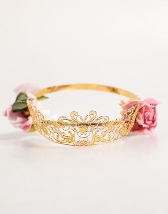 Dolce & Gabbana Gold Floral Tiara Pink Roses Crystal Crown Womens Headband (Pre-Owned)