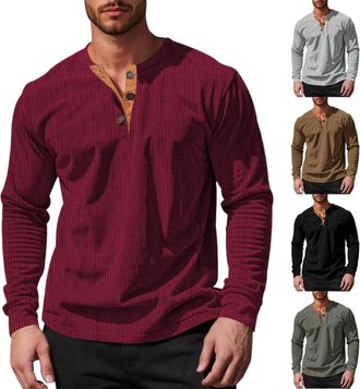 Generic Mens Corduroy Henley Shirts Long Sleeve Button Crew Neck Vintage Slim Fit Sshirts Fashion Soft Lightweight Casual Classic Work Grandad Shirt (Wine, L)