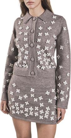 endless rose Floral Appliqu&eacute; Cardigan in Heather Grey/White at Nordstrom, Size X-Small