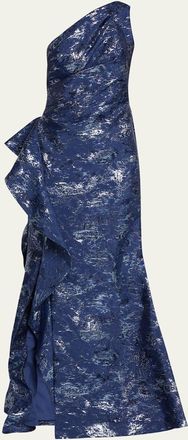 Teri Jon Metallic Jacquard One-Shoulder Side-Ruffle Gown