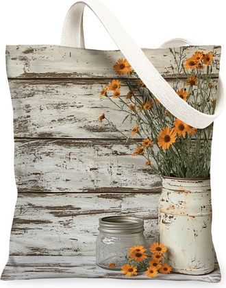 Generic Spring Calendula Flower Canvas Tote Bag for Shopping 13x15, Farmhouse Rustic Florals Reusable Grocery Print Bag for Women, Country Beach Aesthetic Pai