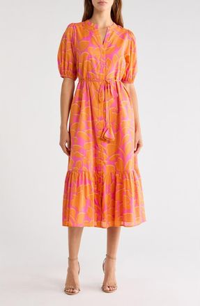 Sugarlips Veran Floral Button-Up Tiered Cotton Shirtdress in Orange-Fuchsia at Nordstrom, Size X-Small
