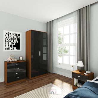 Elegant Lighting Wardrobe and Cabinet Furniture Set Bedroom 2 Doors Wardrobe and 4 Drawer Chest and Bedside Cabinet High Gloss, Black/Walnut - Elegant