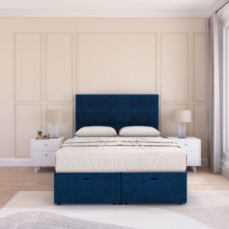 Sloomy Texas Plush Fabric Ottoman Bed End Opening With Sprung Memory Mattress & 26 Inch strut Headboard in Navy | Size: Single