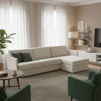 Dmora Sof&aacute; Fijo Con Pen&iacute;nsula Ubalda, Sof&aacute; Esquinero Para Sal&oacute;n, Acolchado, Desenfundable, Calidad 100% Made In Italy, 260x160 H90 Cm, Beige - Dmora