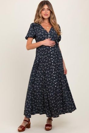 Pinkblush Floral Button Down Maternity Dress in Navy Blue at Nordstrom, Size Medium
