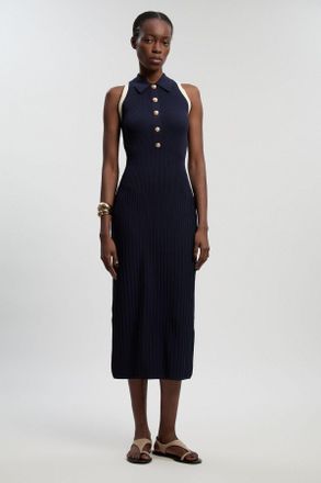Karen Millen Womens Petite Rib Knit Military Colour Block Sleeveless Midi Dress - Navy Polyamide - Size X-Small
