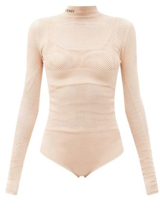 Fendi Long Sleeve Jersey Mesh Bodysuit and Bra Set Size M