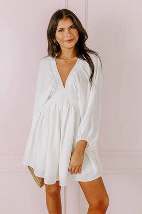 HYFVE Willow Deep V-Neck Bishop Sleeve Mini Dress In White
