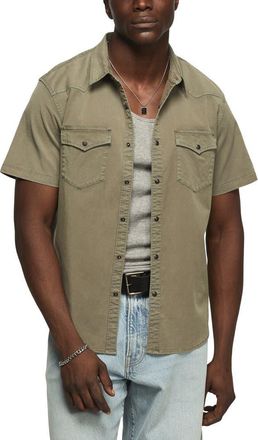 Lucky Brand Short Sleeve Stretch Twill Snap-Up Western Shirt in Deep Lichen Green at Nordstrom, Size X-Large