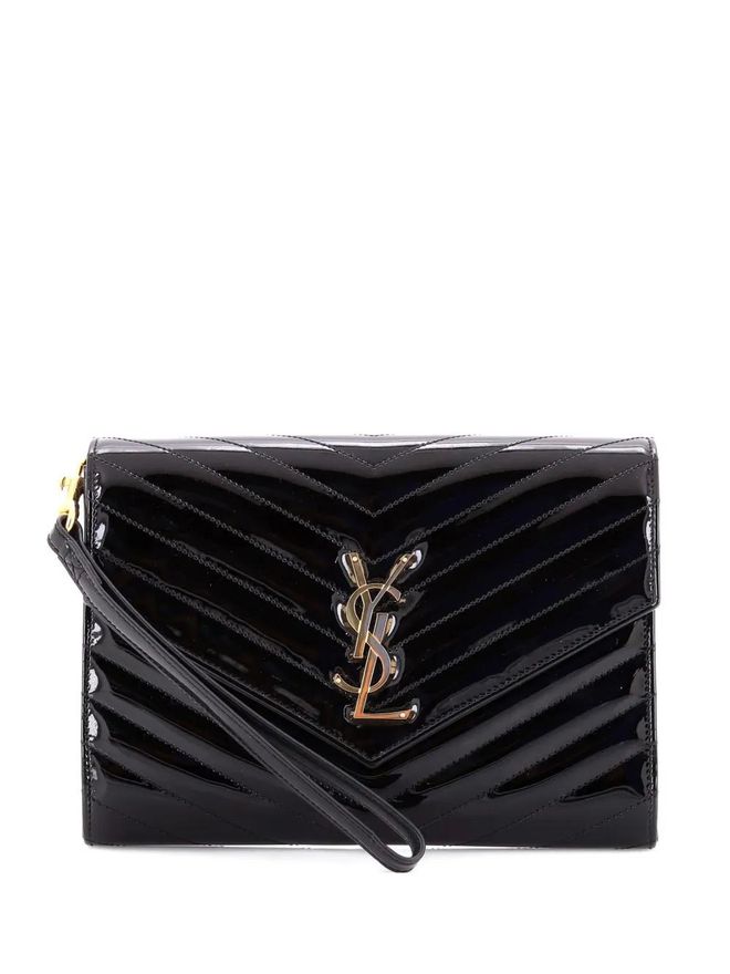 Cassandre Flap Envelope Wristlet Pouch Matelasse Chevron Patent clutch bag - Black