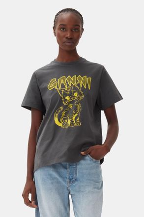 Ganni Grey Relaxed Cat T-shirt - Size XXS Organic Cotton