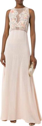 Amen Beaded Embroidered Lace Bodice Chiffon Gown In Peach