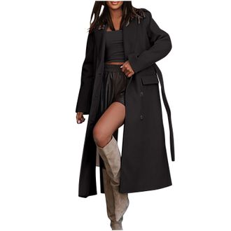 Generic Trench Coat Women Long Tweed Cardigan Shacket Notch Collar Thin Pea Coat Ladies British Style Open Front Windbreaker Ankle Length Oversize Windproof P