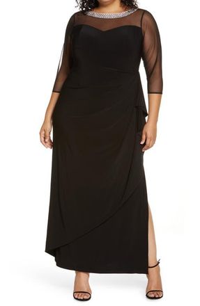 Alex Evenings Illusion Sleeve Side Ruched Gown in Black at Nordstrom, Size 14W