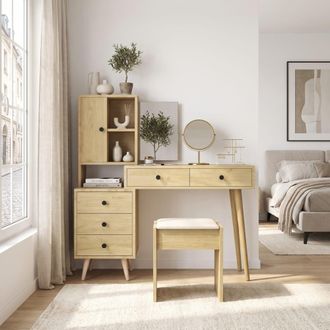 Urban Meuble Tocador extensible efecto madera con espejo 5 cajones taburete beige