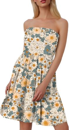 Generic Womens Summer Beach Dress Tops for Women Short Sundress for Ladies Floral Print Bandeau Sheering Sleeveless Mini Dress Boob Tube Pleated Swing Short S