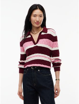 Tommy Hilfiger Womens Striped Cable Knit Sweater Polo - Burgundy - XXL