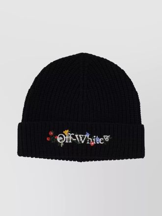 Off-white floral beanie with ribbed turn-up brim