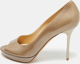 Jimmy Choo London Metallic Gold Patent Leather Peep Toe Pumps