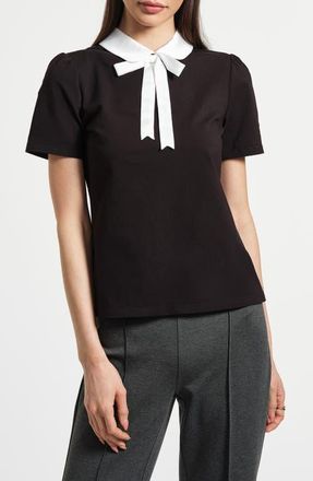 Isaac Mizrahi New York Satin Trim Peter Pan Collar Stretch Cotton T-Shirt in Black/White at Nordstrom, Size X-Small