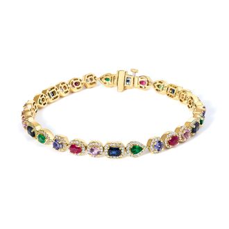 House of Brilliance 14K Yellow Gold Multi-Gemstone and Diamond Halo Rainbow Tennis Bracelet