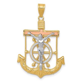 Diamond2Deal 14k Tri-color Gold Diamond-cut Textured Mariners Cross Pendant