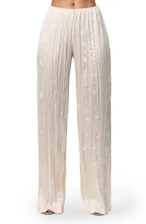 Naked Wardrobe Pliss&eacute; Straight Leg Satin Pants in Crema at Nordstrom, Size X-Large