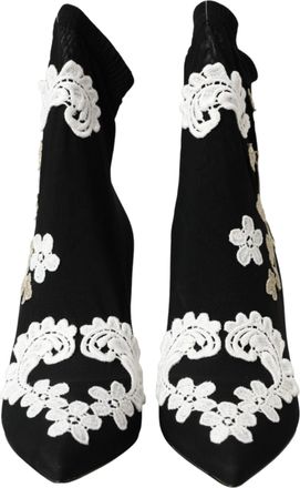 Dolce & Gabbana Black White Embroidery Slip On Boots Womens Shoes