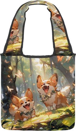 Generic Cute corgi Puppy Reversible Canvas Shoulder Tote - Double-Sided Print, 12oz Cotton, 27cm Drop, Fold-Flat Bag for Travel, Shopping, Street Outings