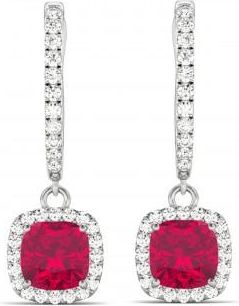 Allurez Cushion Lab Ruby & Lab Diamond Halo Dangling Earrings 14k White Gold (3.40ct)