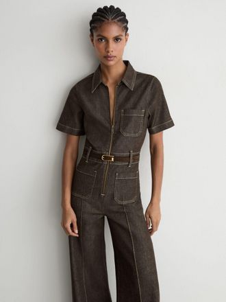Reiss Chocolate Brown Denim Wide-leg Jumpsuit, 10