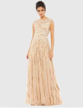 Mac Duggal Cap Sleeve Embellished Evening Gown In Beige