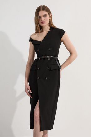 Karen Millen Womens Tall Compact Stretch Asymmetric Collar Tailored Pencil Maxi Dress - Black - Size 10 UK