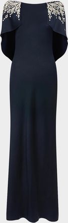 Jenny Packham Ophelia Embellished Draped Capelet Backless Gown