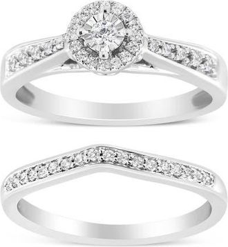 House of Brilliance Silver 1/3 Cttw Diamond Halo and Pave Shank Engagement Ring Set at Nordstrom, Size 8