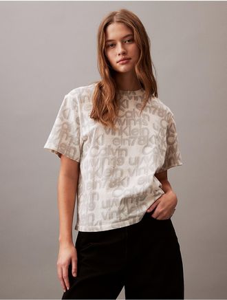 Calvin Klein Womens Allover Logo Print Boxy Crewneck T-Shirt - White - XS