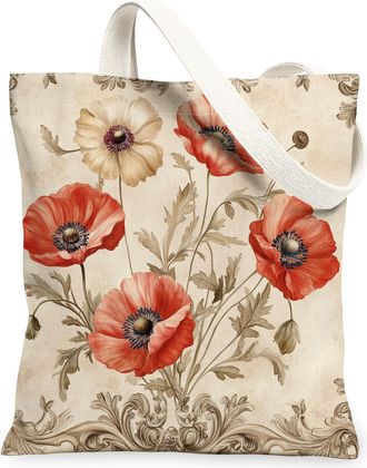 Generic Spring Aesthetic Poppy Canvas Tote Bag for Shopping 13x15, Vintage Retro Floral Reusable Grocery Print Pattern Bag for Women Men, Abstract Flower Aest