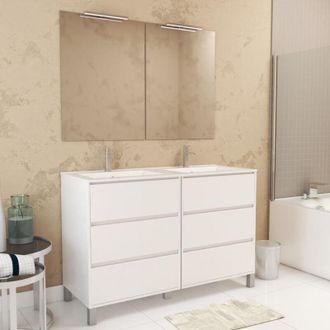 Aurlane Mueble de Baño 120cm Blanco Lacado 6 Cajones, Lavabo, 2 Espejos 60x80 con Apliques Led