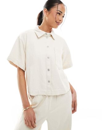 Pieces textured twill short sleeve boxy shirt in raw cotton cream - part of a set-White