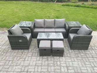 Fimous 7 Seater Rattan Garden Furniture Set with Rectangular Coffee Table 2 Side Tables 2 Small Footstools Patio Outdoor in Dark Grey