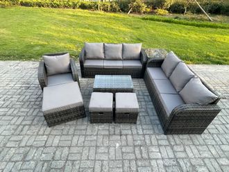 Fimous 10 Seater Rattan Lounge Sofa Set Outdoor Garden Furniture Set with Rectangular Coffee Table 3 Seater Sofa 3 Footstools Side Table in Dark Grey