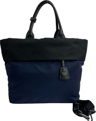 Prada Black Navy Nylon Leather Handbag Shoulder Bag Tote Bag (Pre-Owned)