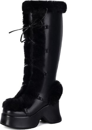 Generic Womens Lace Up Warm Winter Long Boots PU Leather Knee High Boots Wedge High Heel Platform Boot,Black,3.5 UK