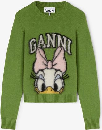Ganni Daisy Duck Green Brushed Wool Jumper - Size XS Minced Herb
