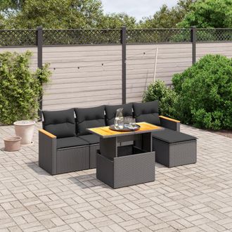 vidaXL Vidaxl - Set De Sof&aacute;s De Jard&iacute;n 6 Piezas Y Cojines Rat&aacute;n Sint&eacute;tico Negro