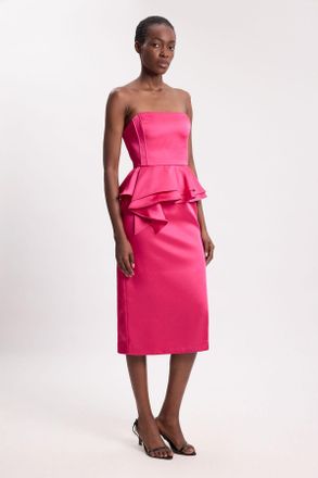 Karen Millen Womens Bonded Satin Peplum Pencil Woven Midi Dress - Pink - Size 16 UK