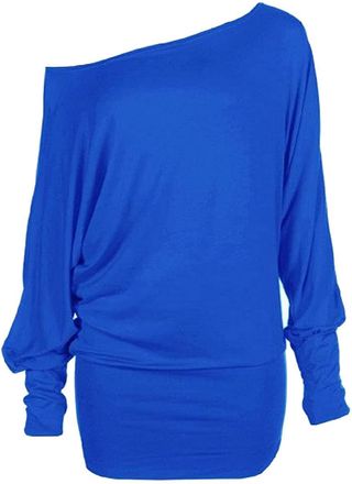 Crazy Girls Womens Long Sleeve One Off-Shoulder Plain Baggy Batwing Top UK8-24, Royal Blue, 2XL (UK 20-22)