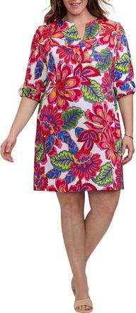 Foxcroft Vena Paradise Blooms Print Cotton Shift Dress in Pink/White Multi at Nordstrom, Size 2X